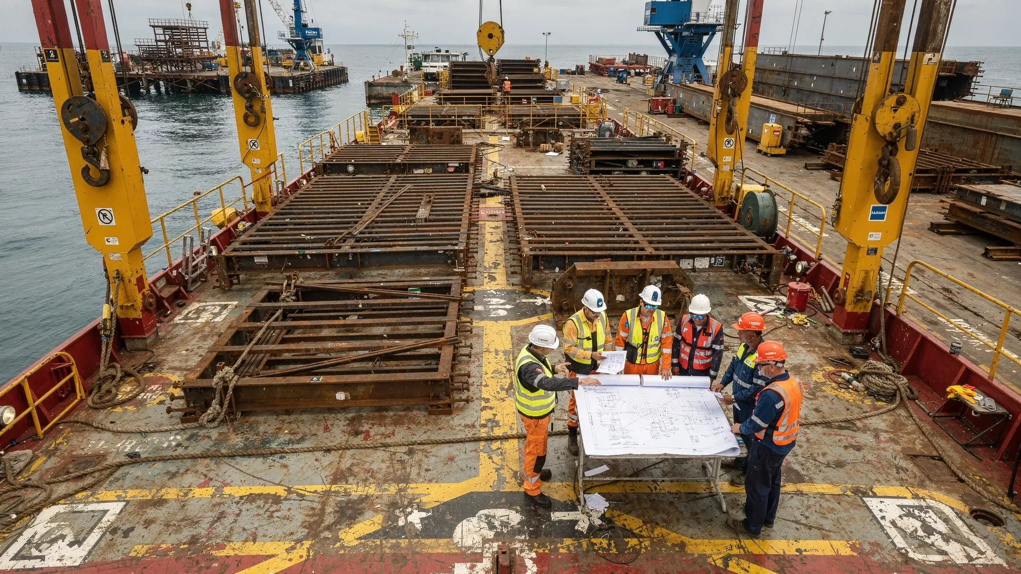 An offshore fabrication yard with a vessel deck, steel grillage sections, lifting frames and engineers reviewing drawings near the work area, showing practical coordination between design, fabrication and marine operations.