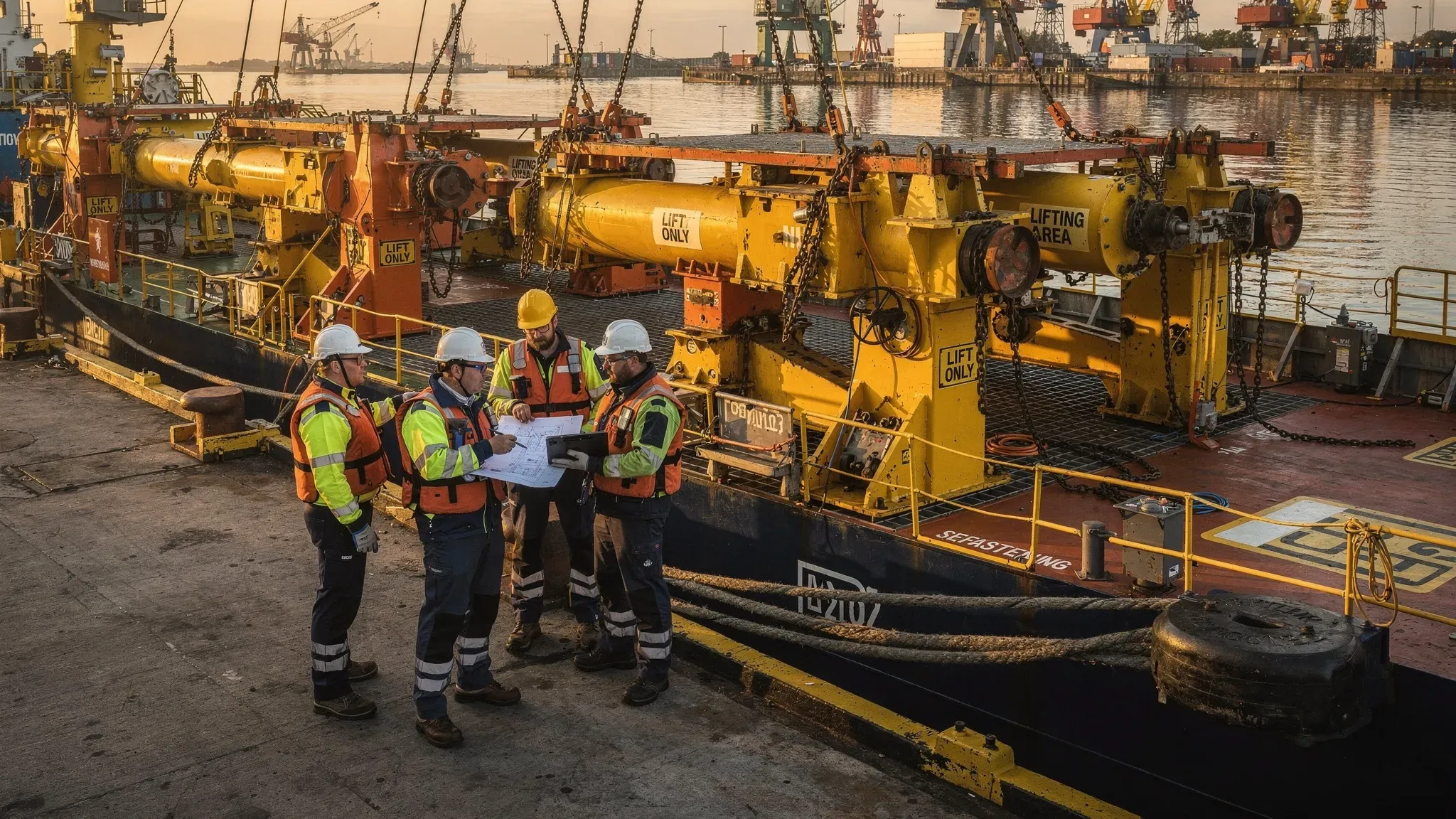 A heavy lift vessel at a quay with offshore structures secured on deck, engineers reviewing lifting arrangements and seafastening points before mobilisation.