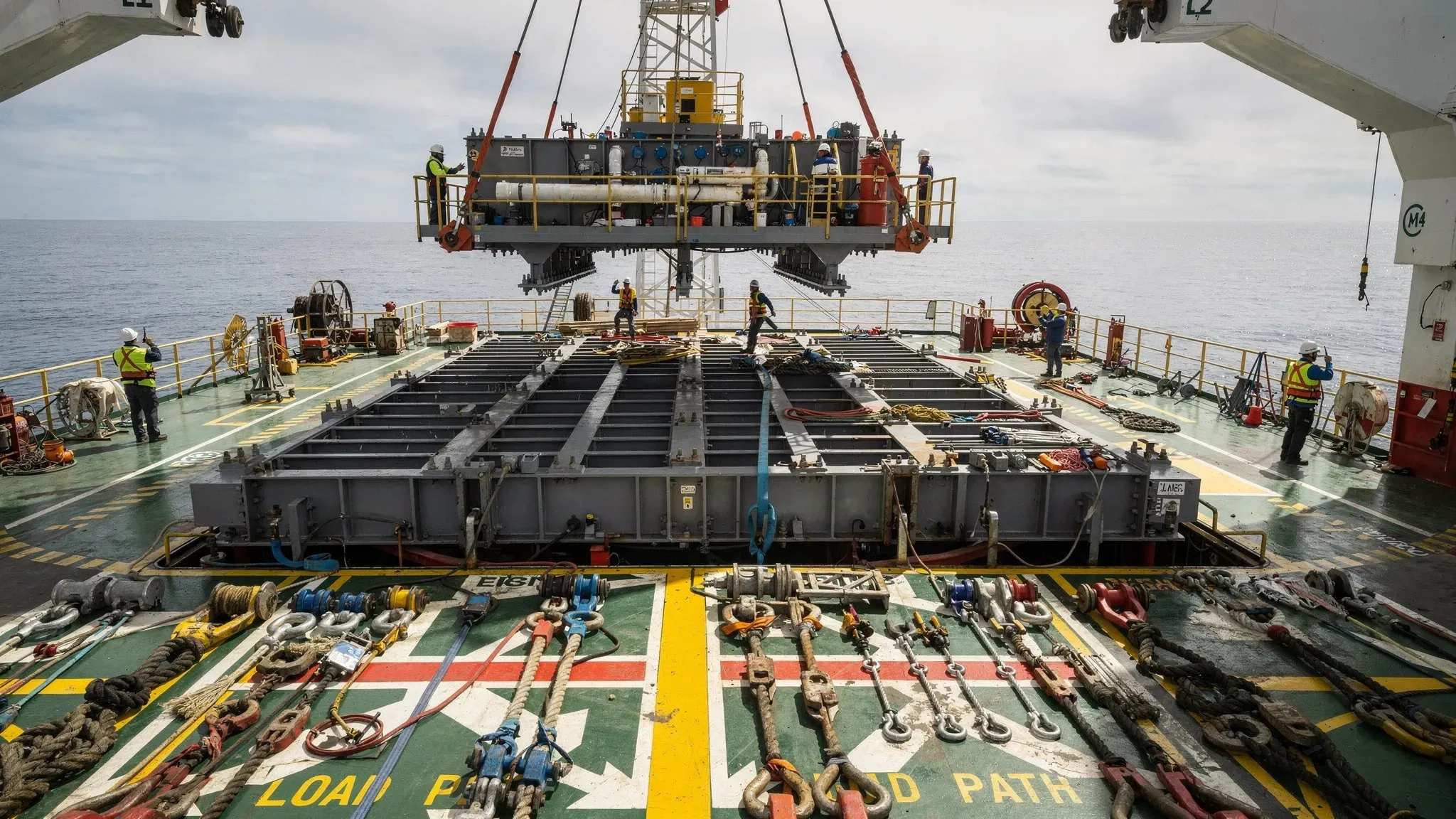 An offshore installation vessel deck with a large steel grillage, rigging equipment, marked load paths and a heavy module being prepared for lifting in a controlled marine operation.