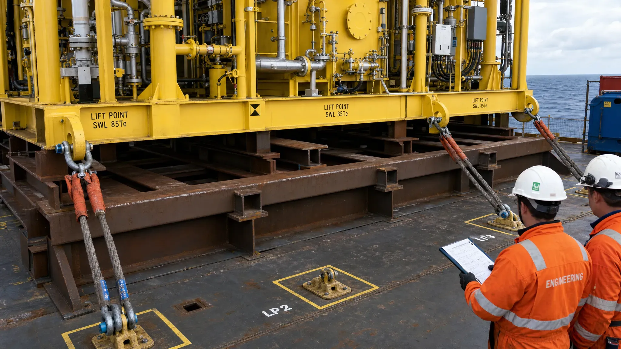 A close-up view of the offshore module on its grillage beams, showing padeyes, rigging slings and marked lifting points on the vessel deck, with engineers checking the arrangement at the edge of the frame before crane hook-up.