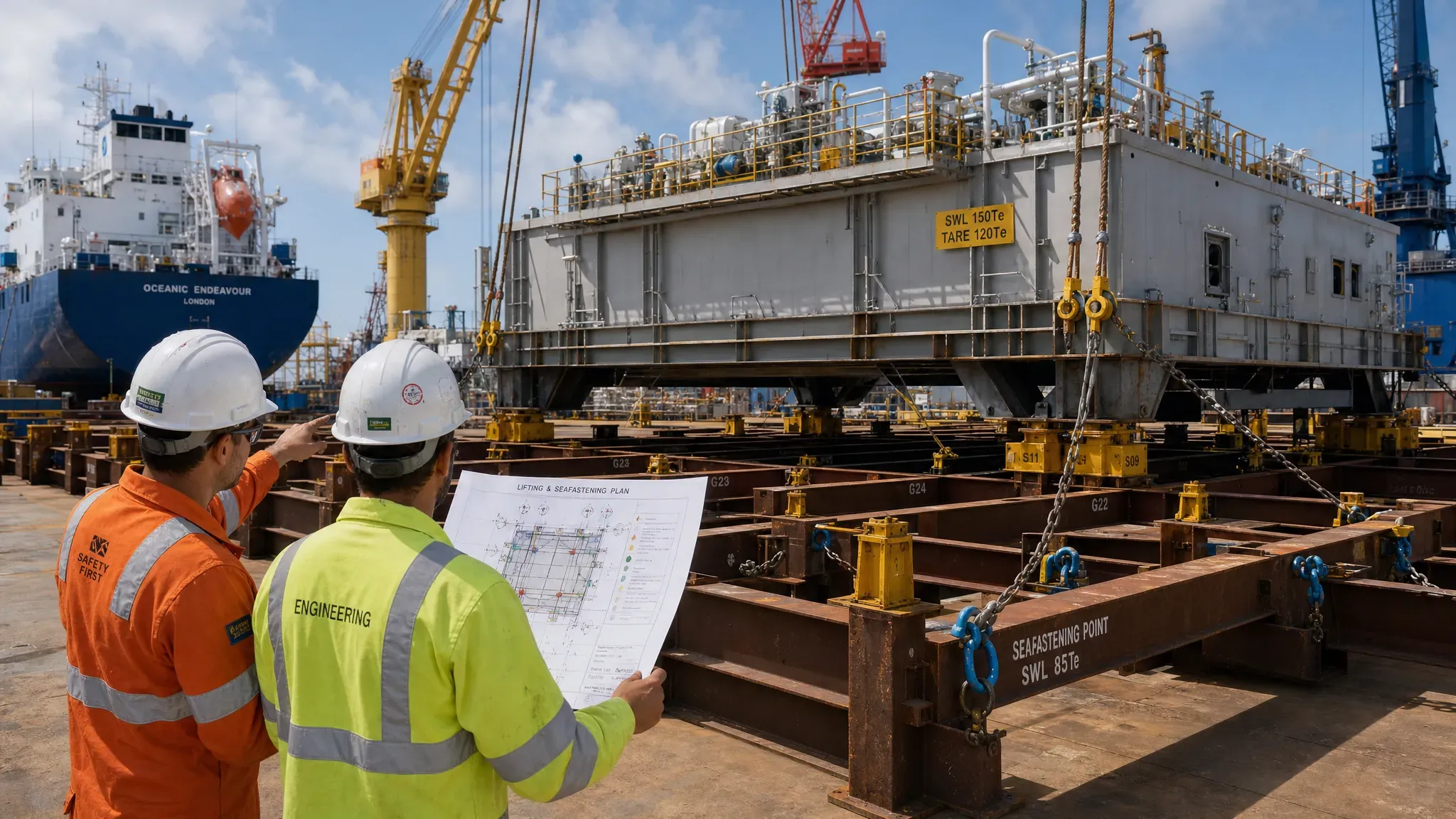 Offshore fabrication yard with a steel grillage, seafastening supports and engineers reviewing lifting points beside a vessel deck module.
