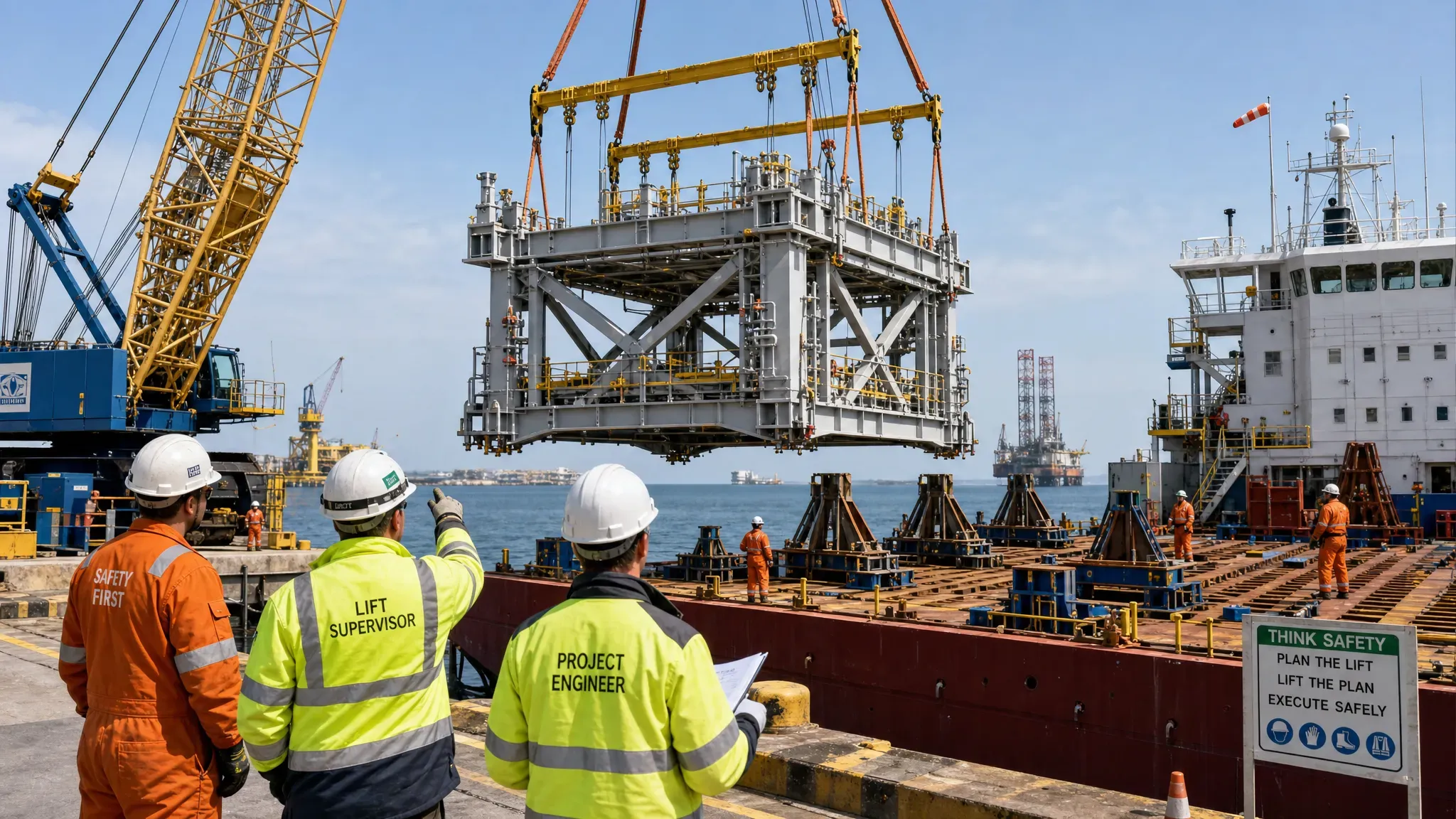 A heavy lift operation at an offshore quay with a crane lifting a steel installation frame onto a vessel deck, showing seafastening supports, deck grillages and engineers reviewing the operation from a safe distance.
