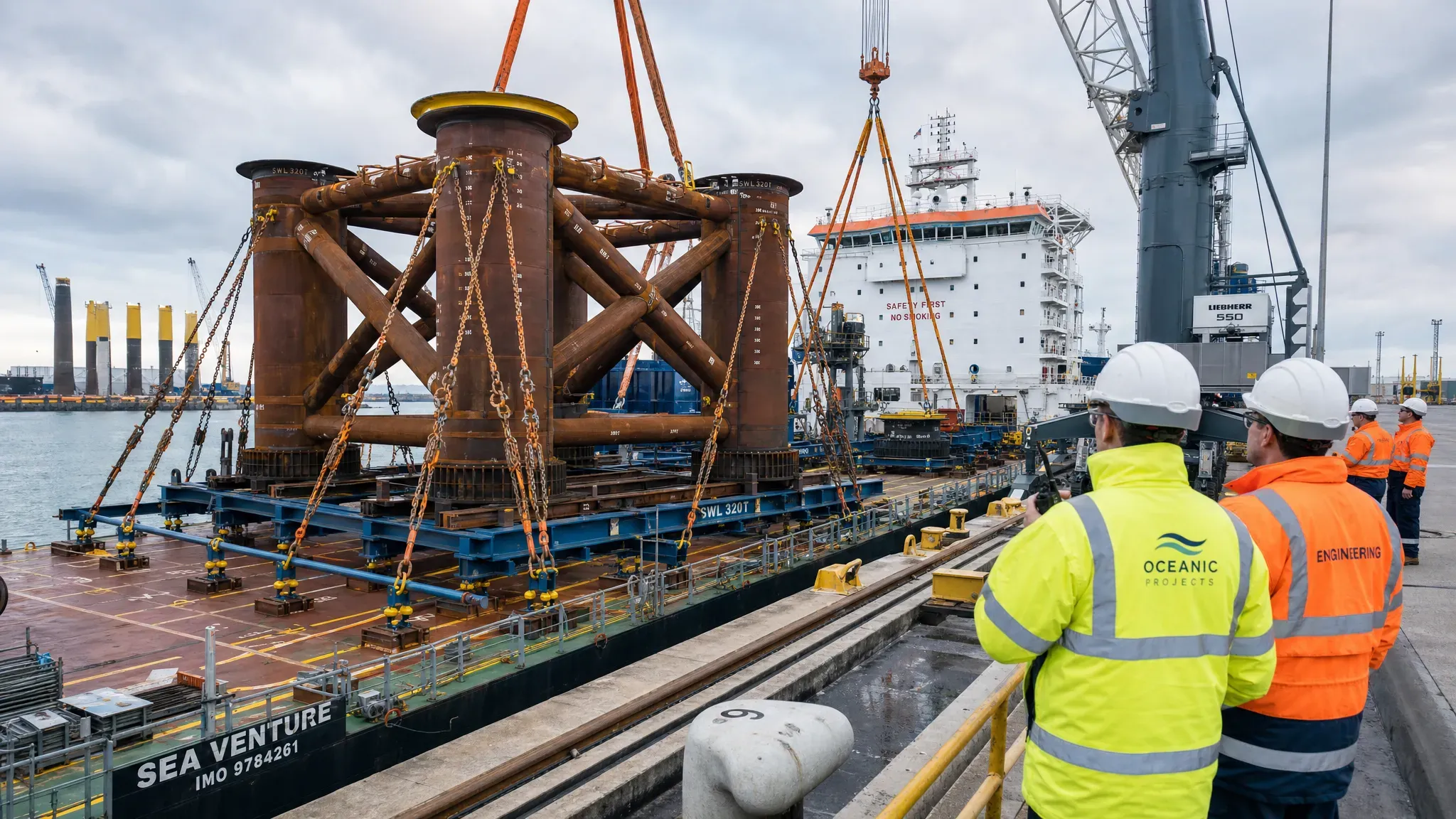 An offshore installation vessel deck carrying a large steel foundation secured on grillages, with visible seafastening, crane rigging and engineers reviewing the operation from the quayside near the loadout area.