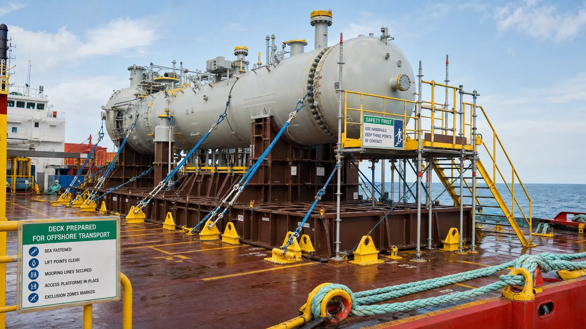 A vessel deck prepared for offshore transport, with grillages, sea fastening brackets, lift points, temporary access platforms and mooring lines arranged for safe mobilisation.