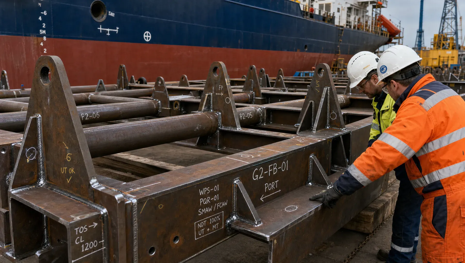 A close-up view of offshore steel grillages and seafastening frames assembled on the quay beside a vessel hull, with welds, padeyes, stiffeners and inspection marks clearly visible while two engineers check fit-up from the edge of the structure.