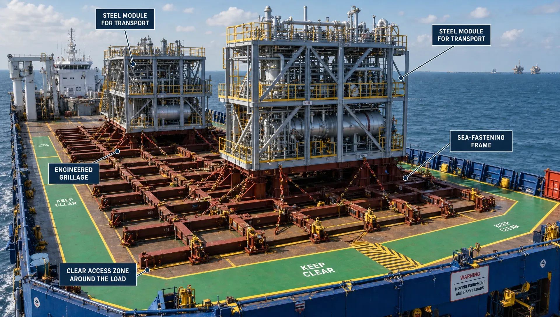 Wide landscape scene on an offshore vessel deck showing engineered grillages and sea-fastening frames supporting steel modules for transport, with clear access zones marked around the load and the vessel structure visible beneath.