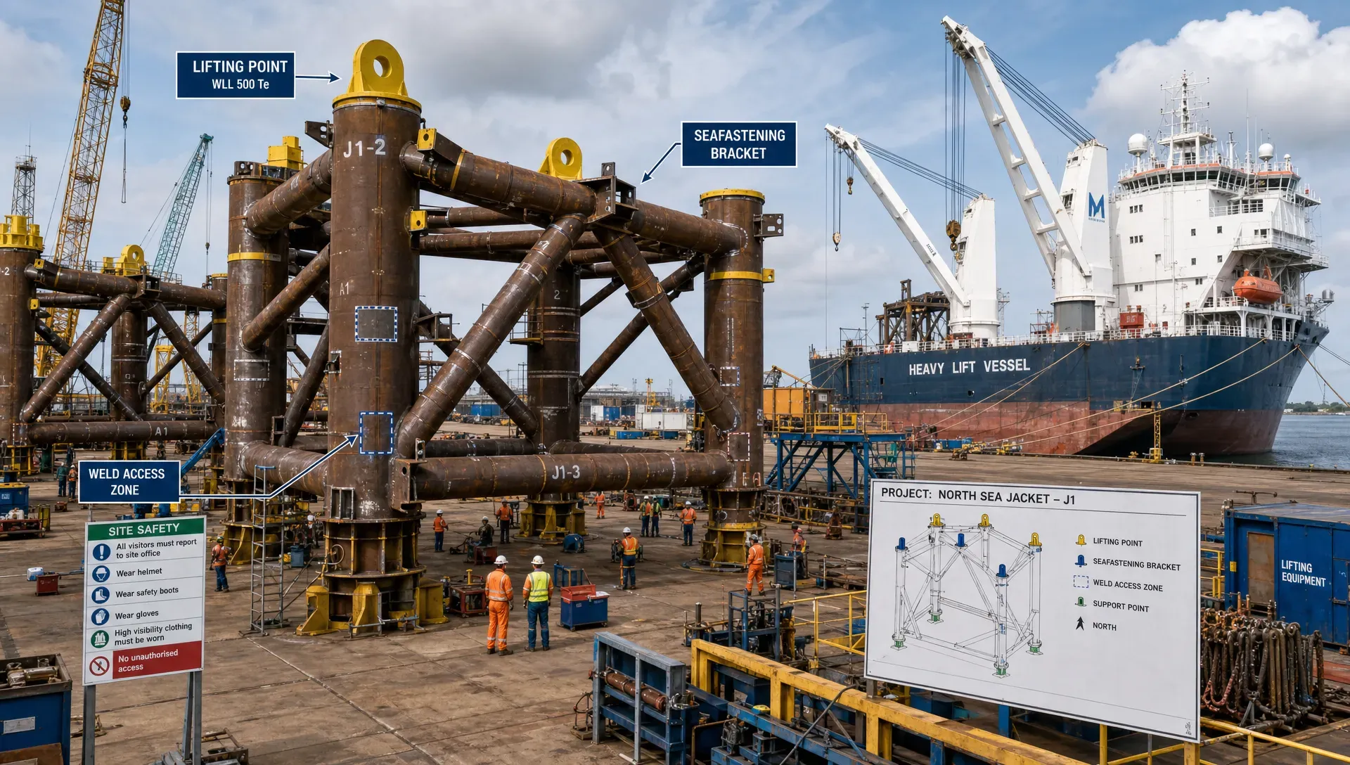 A fabrication yard with offshore steel structures being assembled, showing marked lifting points, seafastening brackets, weld access zones and a heavy lift vessel moored alongside in the background.