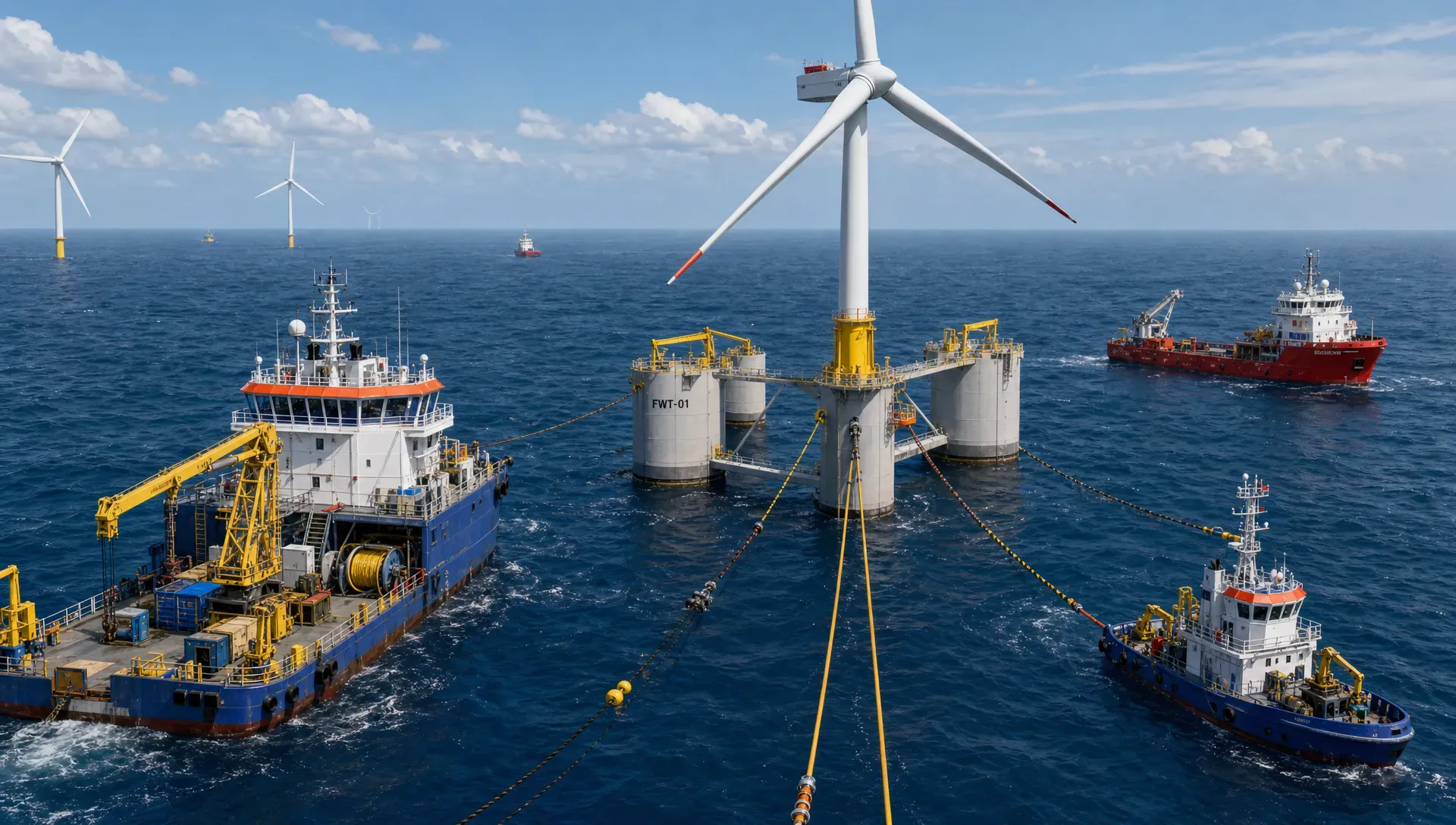 Floating wind installation vessels connecting mooring lines and dynamic cables to a semi-submersible wind turbine floater in deep water, with support vessels nearby and clear offshore working zones.