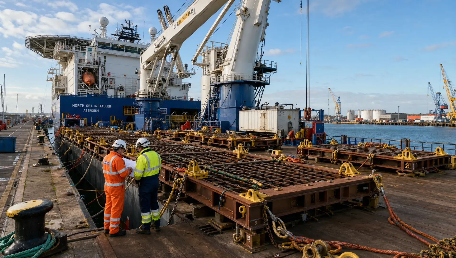 An offshore installation vessel alongside a quay with steel grillages, seafastening frames and heavy lift rigging prepared on deck while engineers inspect the structure before mobilisation.