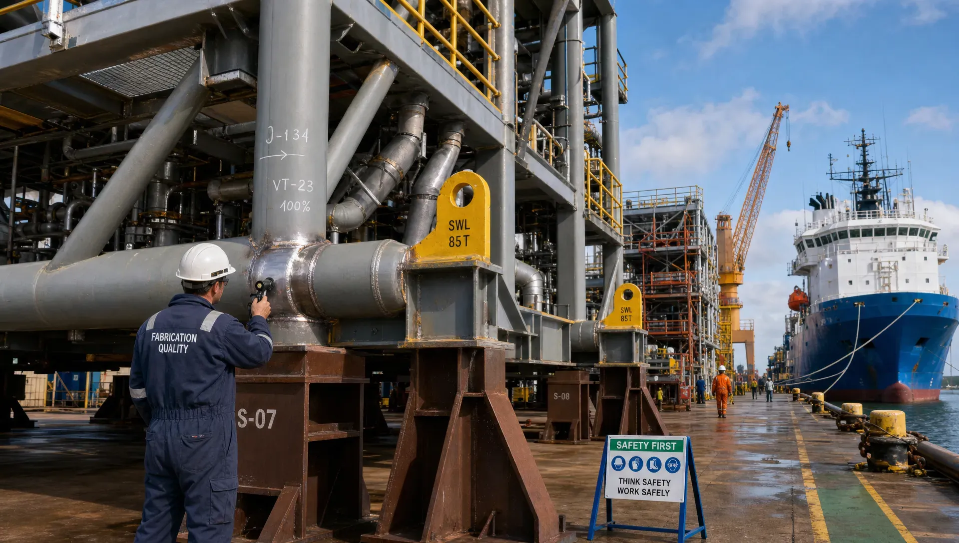A marine fabrication yard with offshore steel modules on supports, accessible welded joints being inspected, marked lifting points, and a vessel alongside the quay in the background.